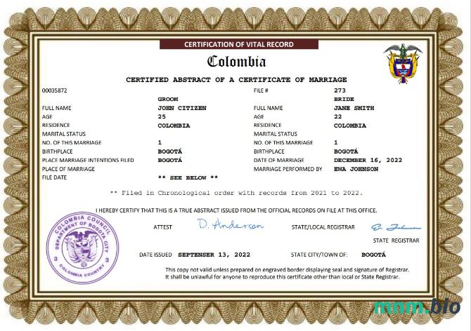 Colombia akt małżeństwa Word i PDF szablon
